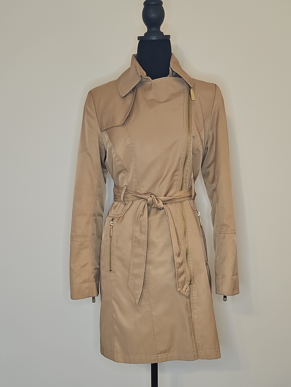 Vince Camuto Asymmetrical Zip Belted Trench Coat - Tan / Camel